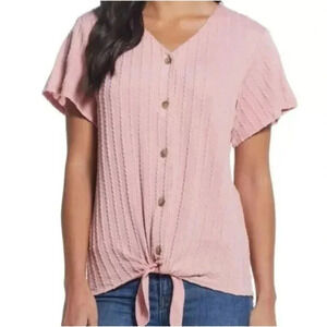 Weatherproof Vintage Women's Front Tie Cable Knit Short Sleeve Blouse Pink XXL